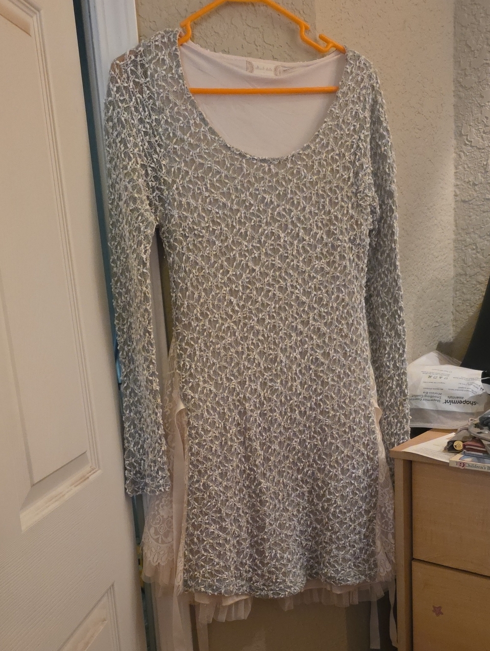 Altar'd State Silver Lace Overlay Long-Sleeve Dress with Cream Lining